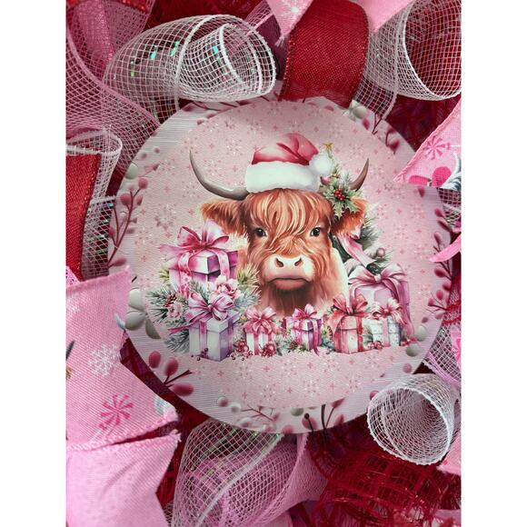 Pink Christmas Highland Cow Wreath | Farmhouse Holiday Door Hanger Decor xxx - Picture 2 of 8